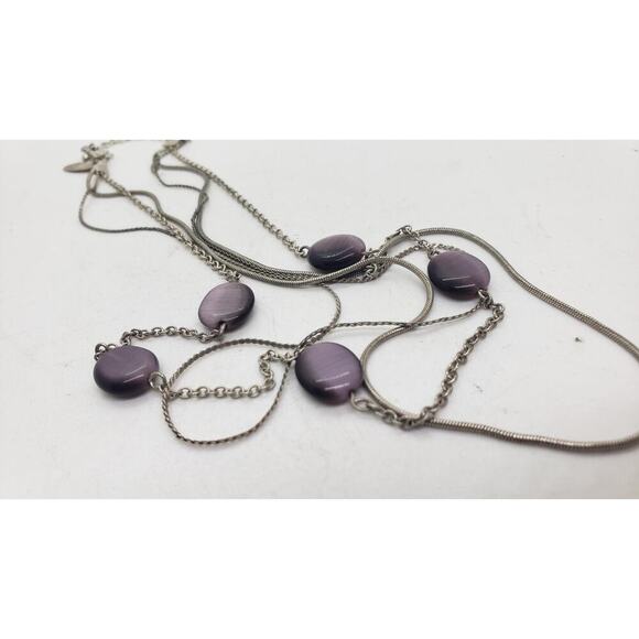 NY Multi Strand Necklace Silver Tone Purple Cat's Eye Beads Statement Layered - Picture 5 of 6